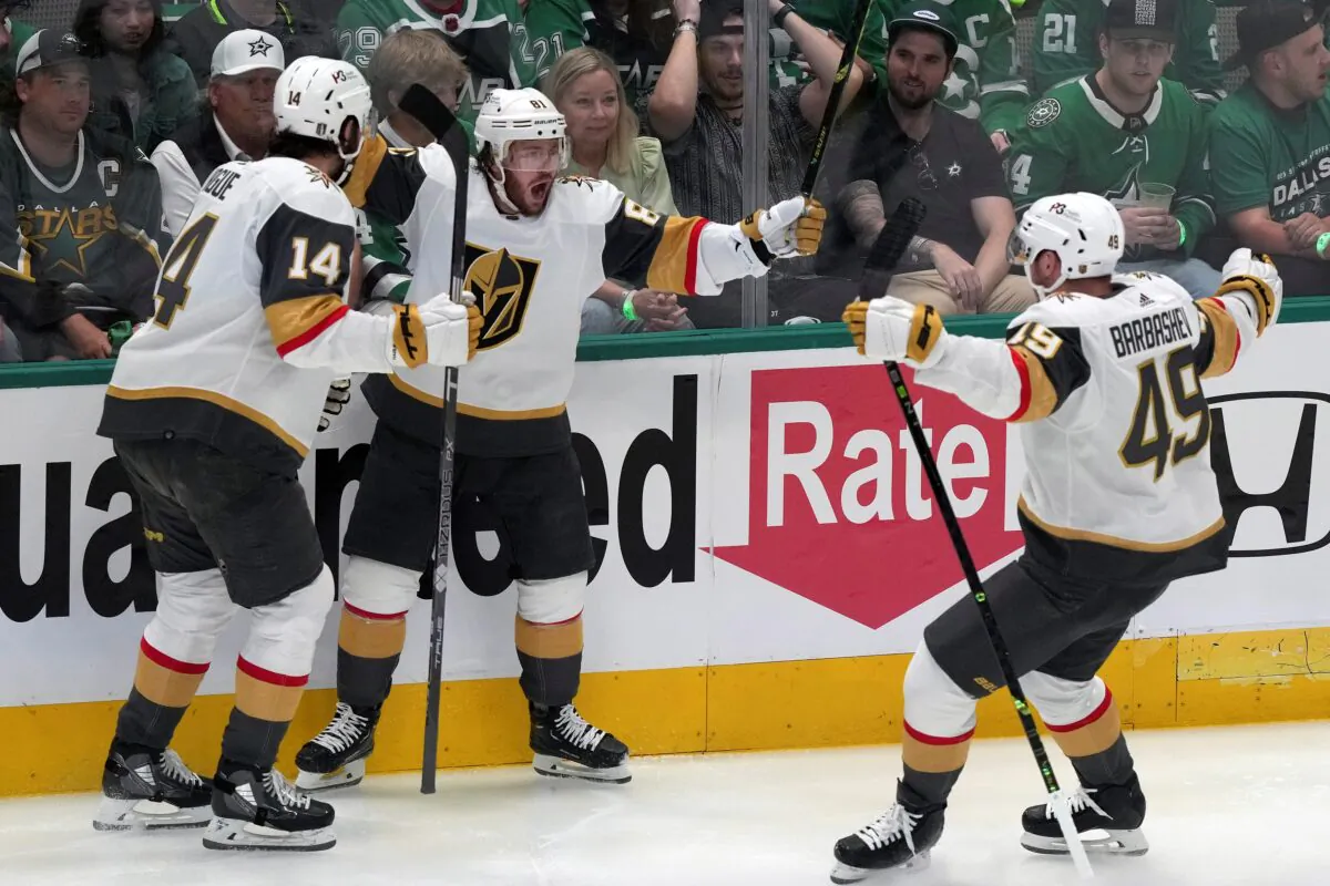 Vegas Golden Knights right wing Jonathan Marchessault (81) celebrates his goal against the Dallas Stars with Nicolas Hague and Ivan Barbashev (49) during the first period of Game 3 of the NHL hockey Stanley Cup Western Conference finals in Dallas, on May 23, 2023. (LM Otero/AP Photo)