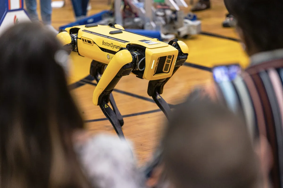A Spotbot 3.0.0, a four-legged mechanical canine, is seen during a demonstration at Central High School in Louisville, Kentucky, on April 13, 2022. (Jon Cherry/Getty Images)