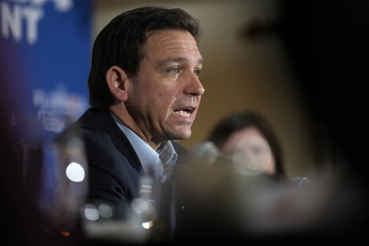 Florida Gov. Ron DeSantis speaks at a political roundtable in Bedford, N.H., on May 19, 2023. (Robert F. Bukaty/AP Photo)