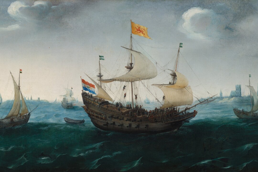 “A Fleet at Sea,” 1614, by Hendrick Cornelisz Vroom. Oil on canvas; 22 1/4 inches by 38 1/4 inches. Gift of Albert and Madzy Beveridge; National Gallery of Art, Washington. (Public Domain)