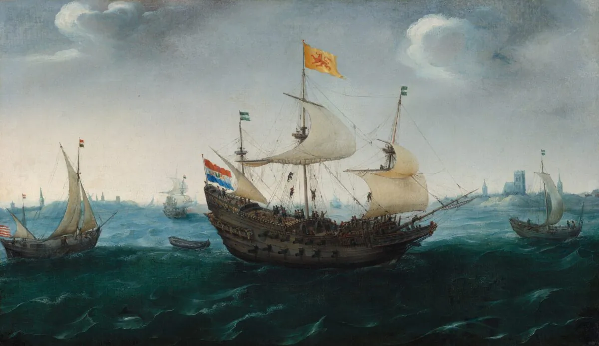“A Fleet at Sea,” 1614, by Hendrick Cornelisz Vroom. Oil on canvas; 22 1/4 inches by 38 1/4 inches. Gift of Albert and Madzy Beveridge; National Gallery of Art, Washington. (Public Domain)