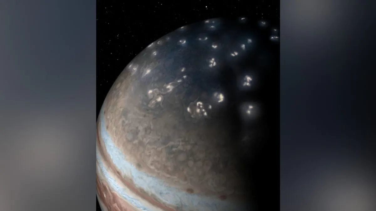 Lightning distribution in Jupiter's northern hemisphere incorporates a JunoCam image from the NASA spacecraft Juno with artistic embellishments. (Courtesy of NASA/JPL-Caltech/SwRI/JunoCam/Handout via Reuters)