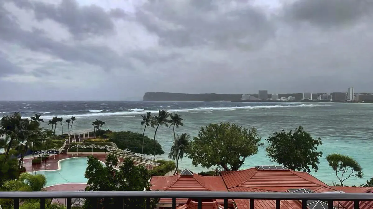 The Noverlooking Tumon Bay in Guam, as Super Typhoon Mawar closes in on May 23, 2023. (Lt. Junior Grade Drew Lovullo/US Coast Guard via AP)