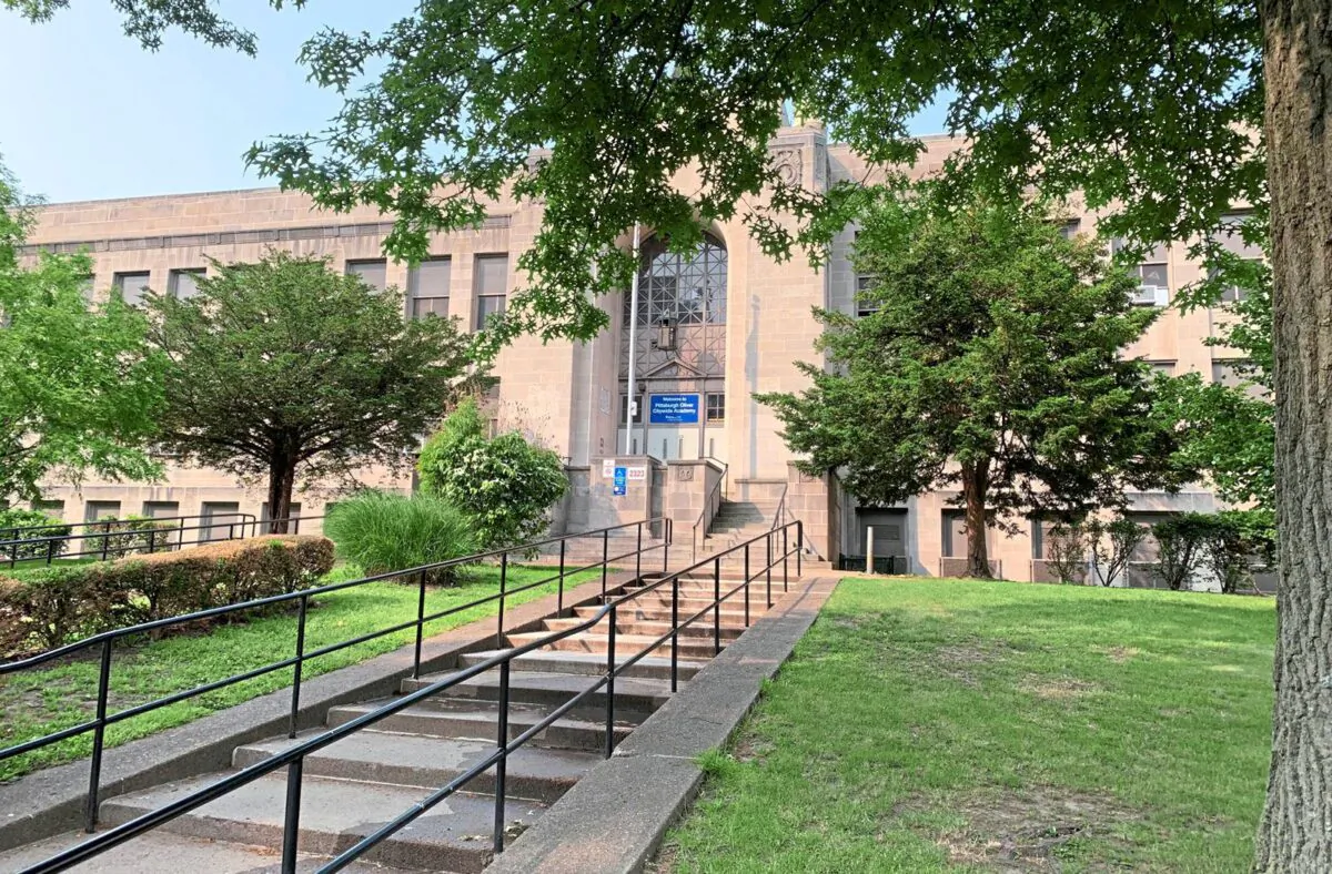 The entrance to Oliver Citywide Academy is empty after a shooting in Pittsburgh on May 24, 2023. (Justin Vellucci/Pittsburgh Tribune-Review via AP)