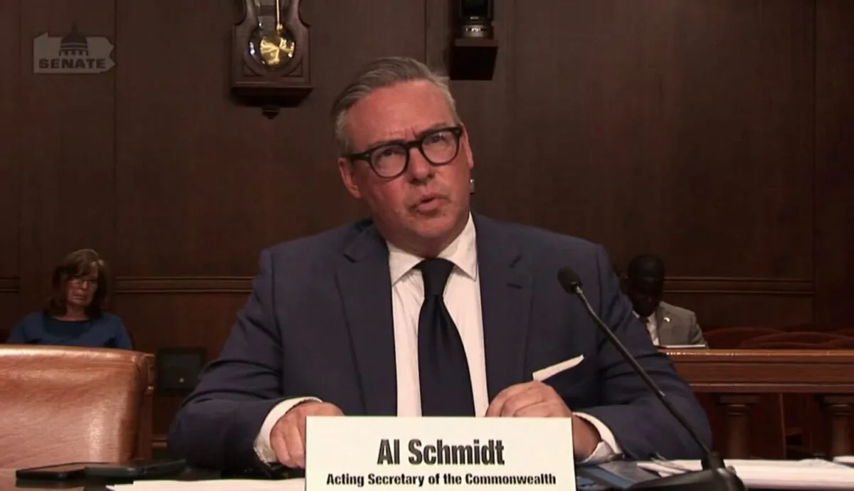 Acting Pennsylvania Secretary of State Al Schmidt speaks to Pennsylvania Senators about how he would guide elections in the state in an informal hearing, on May 24, 2023. (Beth Brelje/The Epoch Times/Screen Shot)