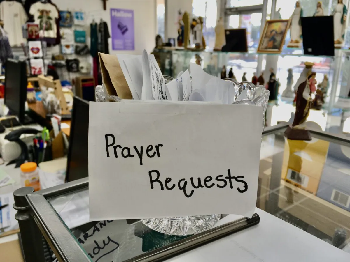 A jar on a counter in the Queen of Angels Catholic Store in Jacksonville, Fla., collects prayer requests from patrons so staff can pray for them. (Courtesy of Alliance Defending Freedom)