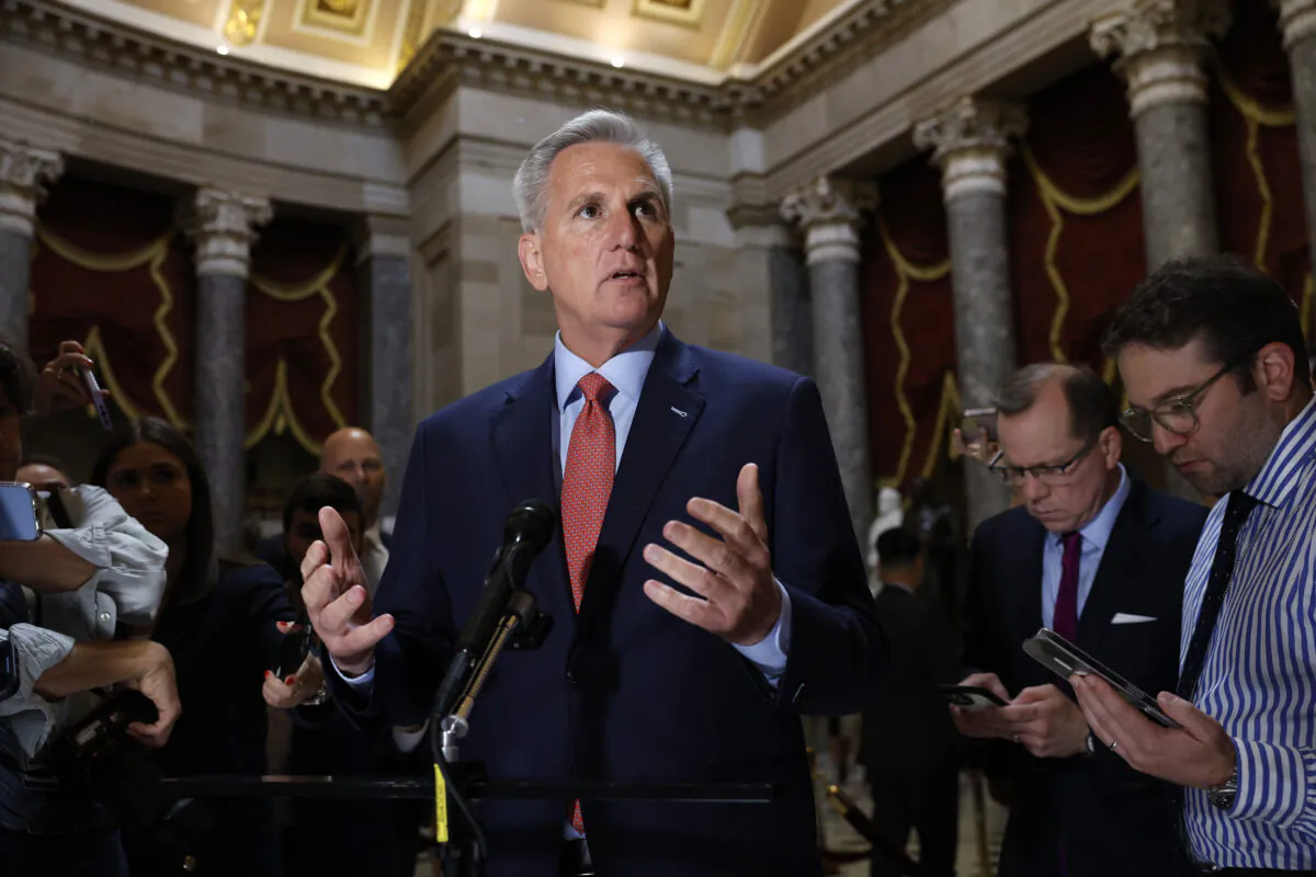 Speaker of the House Kevin McCarthy (R-Calif.) speaks to members of the media at the U.S. Capitol in Washington on May 24, 2023. (Kevin Dietsch/Getty Images)