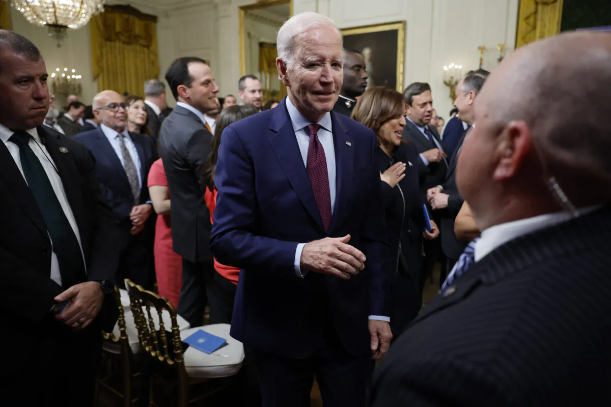 President Joe Biden departs a celebration marking Jewish American Heritage Month in the East Room of the White House on May 16, 2023, in Washington. (Chip Somodevilla/Getty Images)