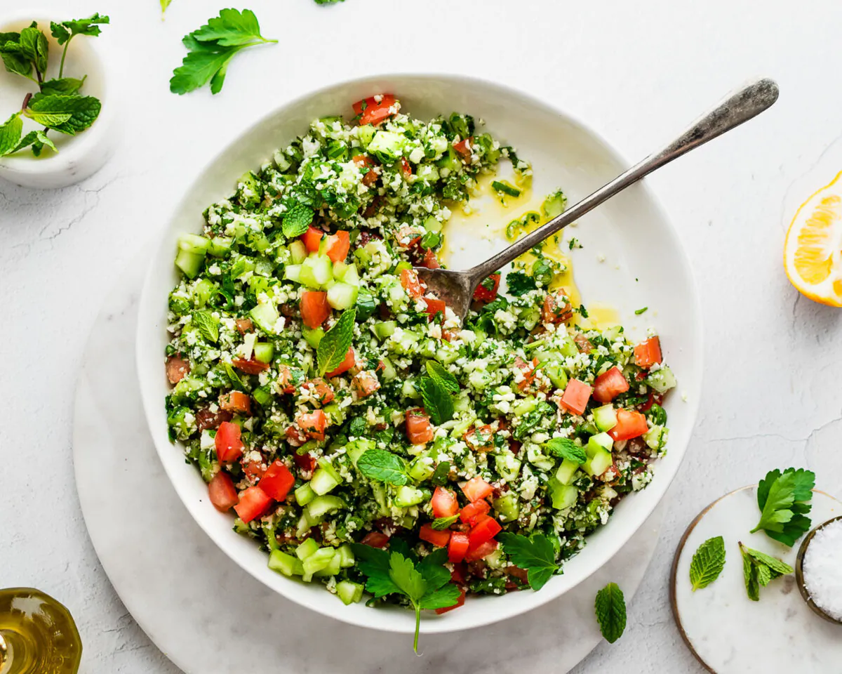Riced cauliflower makes a light and fresh substitution for bulgur in this tabbouleh-inspired side salad. (Jennifer McGruther)