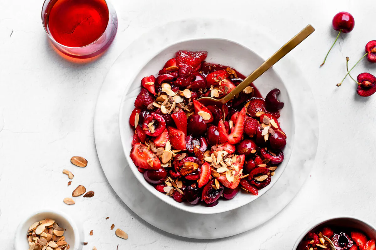 This jumble of fresh fruits is sweetened with vanilla syrup and topped with toasted almonds. (Jennifer McGruther)
