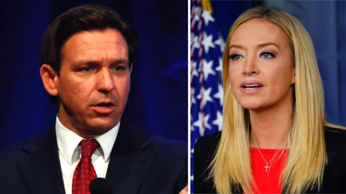 (left) Florida Gov. Ron DeSantis speaks at Hillsdale College in Hillsdale, Mich., on April 6, 2023. (Chris duMond/Getty Images); (right) White House press secretary Kayleigh McEnany speaks during a briefing at the White House in Washington on Jan. 7, 2021. (Mandel Ngan/AFP via Getty Images)
