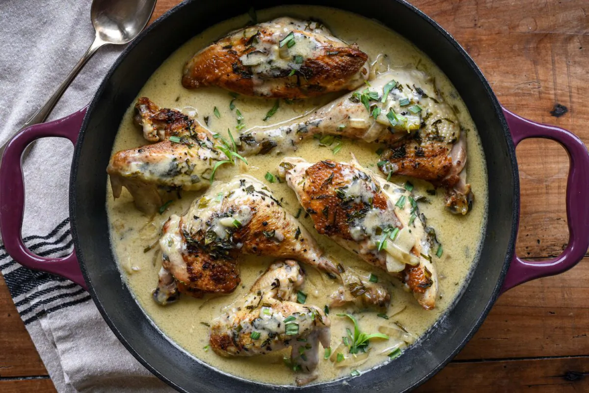 Fresh tarragon, white wine, and cream create the baseline flavors for this tarragon chicken dish. (Audrey Le Goff)