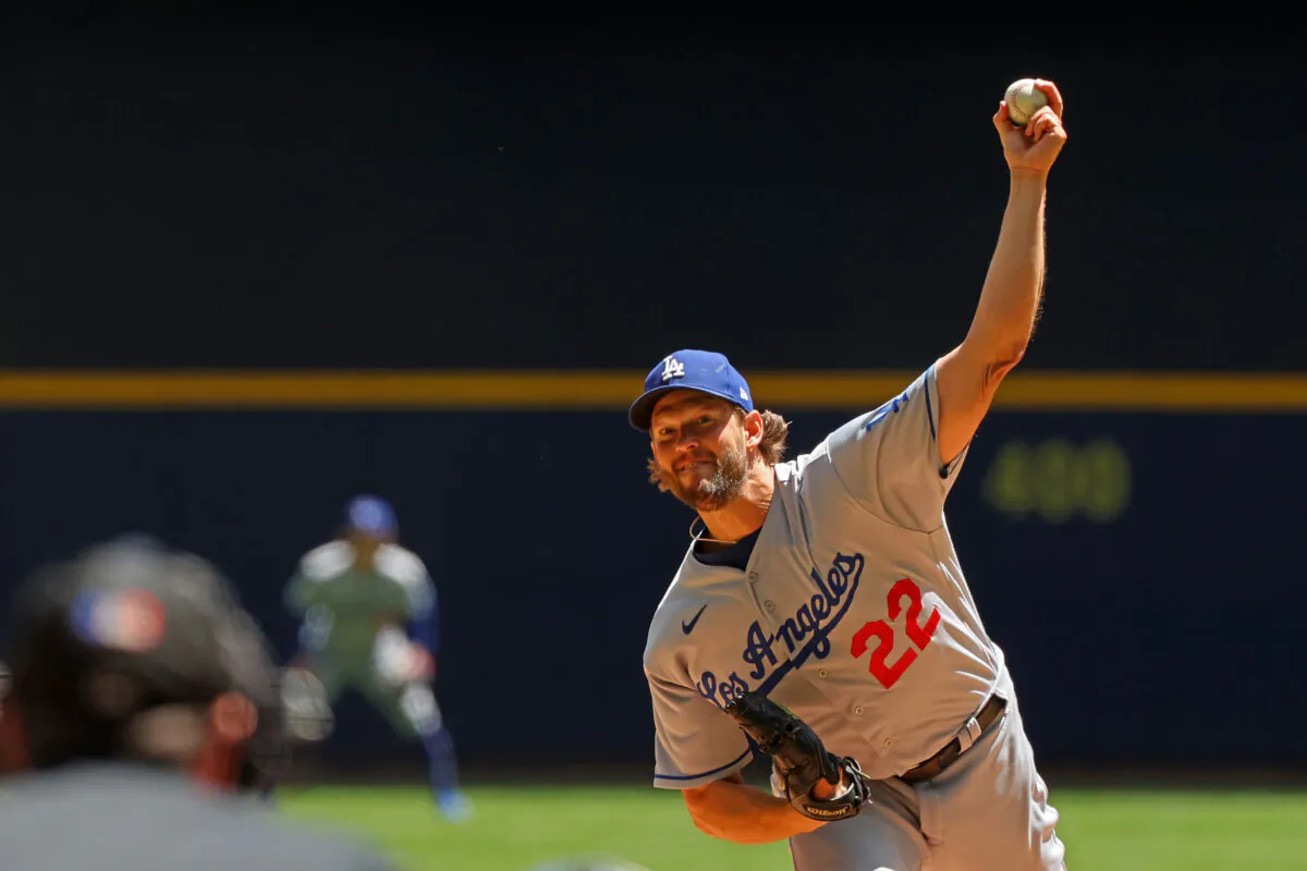 Clayton Kershaw (22) of the Los Angeles Dodgers throws a pitch during a game against the Milwaukee Brewers at American Family Field in Milwaukee on May 10, 2023. (Stacy Revere/Getty Images)