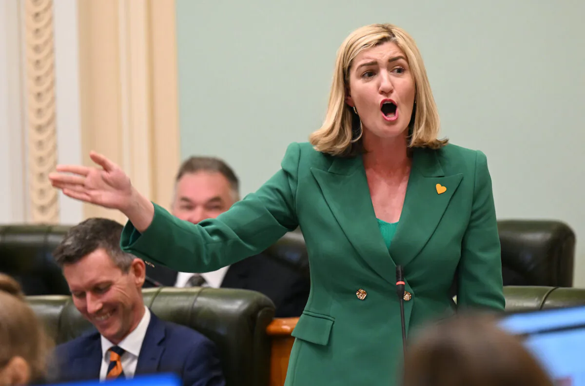Queensland Minister for Health, Mental Health and Ambulance Services and Minister for Women,
Shannon Fentiman (R) is seen during question time at Queensland Parliament House in Brisbane, Australia on May 24, 2023. (AAP Image/Darren England)