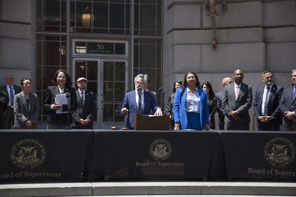 The San Francisco Board of Supervisors convenes an outdoor meeting to address the open-air drug problem, in San Francisco, on May 23, 2023. (Lear Zhou/The Epoch Times)