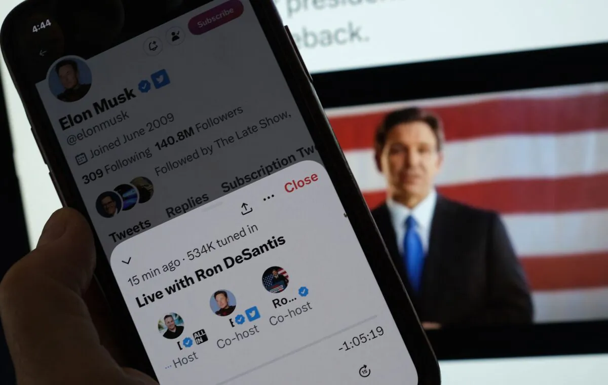 This illustration photo shows the live Twitter talk with Elon Musk on a background of Ron DeSantis as he announces his 2024 presidential run on his Twitter page, May 24, 2023. (Chris Delmas/AFP via Getty Images)