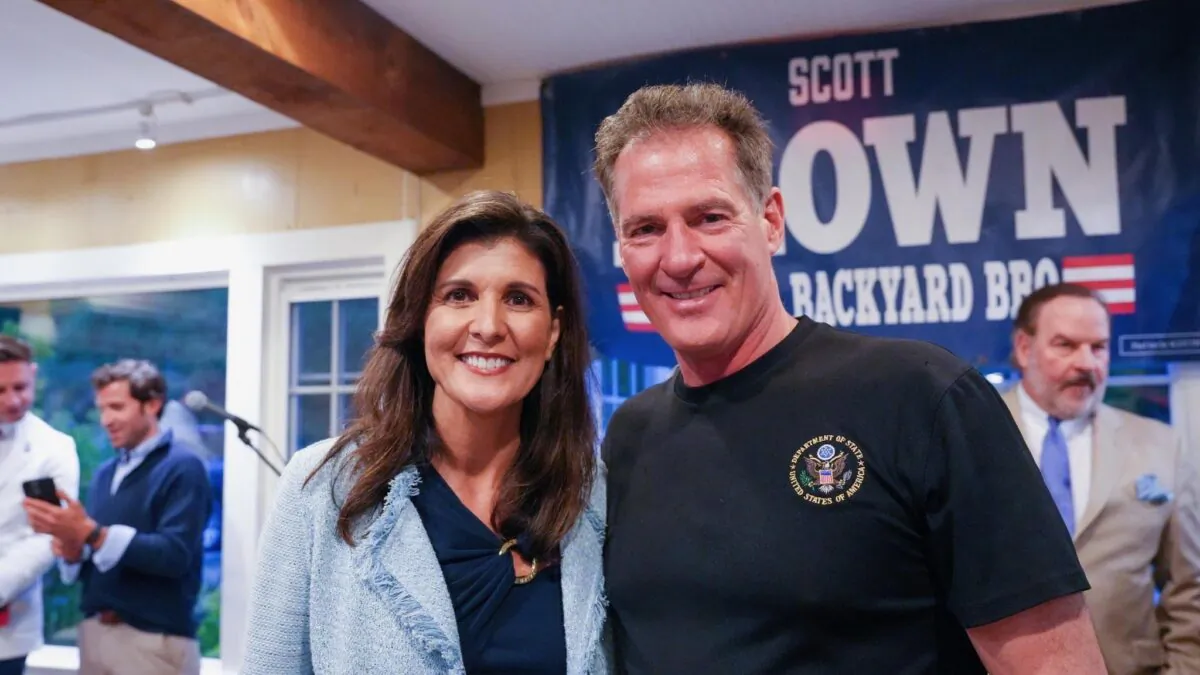 Republican presidential candidate Nikki Haley and former U.S. Senator Scott Brown at No BS Backyard Barbecues event in Rye, N.H., May 24, 2023. (Courtesy of Scott Brown)