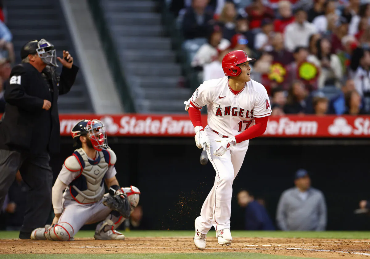 Shohei Ohtani (17) of the Los Angeles Angels hits a home run against the Boston Red Sox in the third inning at Angel Stadium of Anaheim in Anaheim, Calif., on May 24, 2023. (Ronald Martinez/Getty Images)