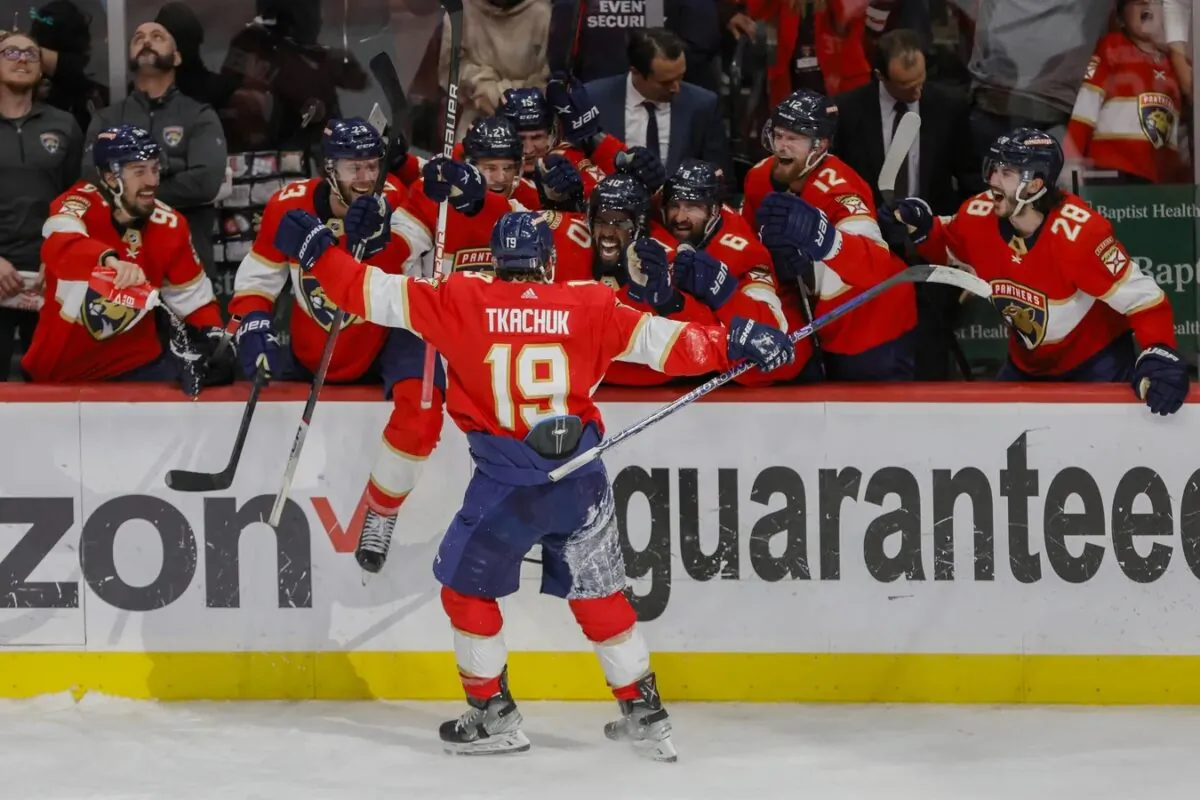 Florida Panthers left wing Matthew Tkachuk (19) celebrates with teammates after scoring the game-winning goal against the Carolina Hurricanes during the third period in game four of the Eastern Conference Finals of the 2023 Stanley Cup Playoffs at FLA Live Arena in Sunrise, Fla., on May 24, 2023. (Sam Navarro/USA TODAY Sports via Field Level Media)