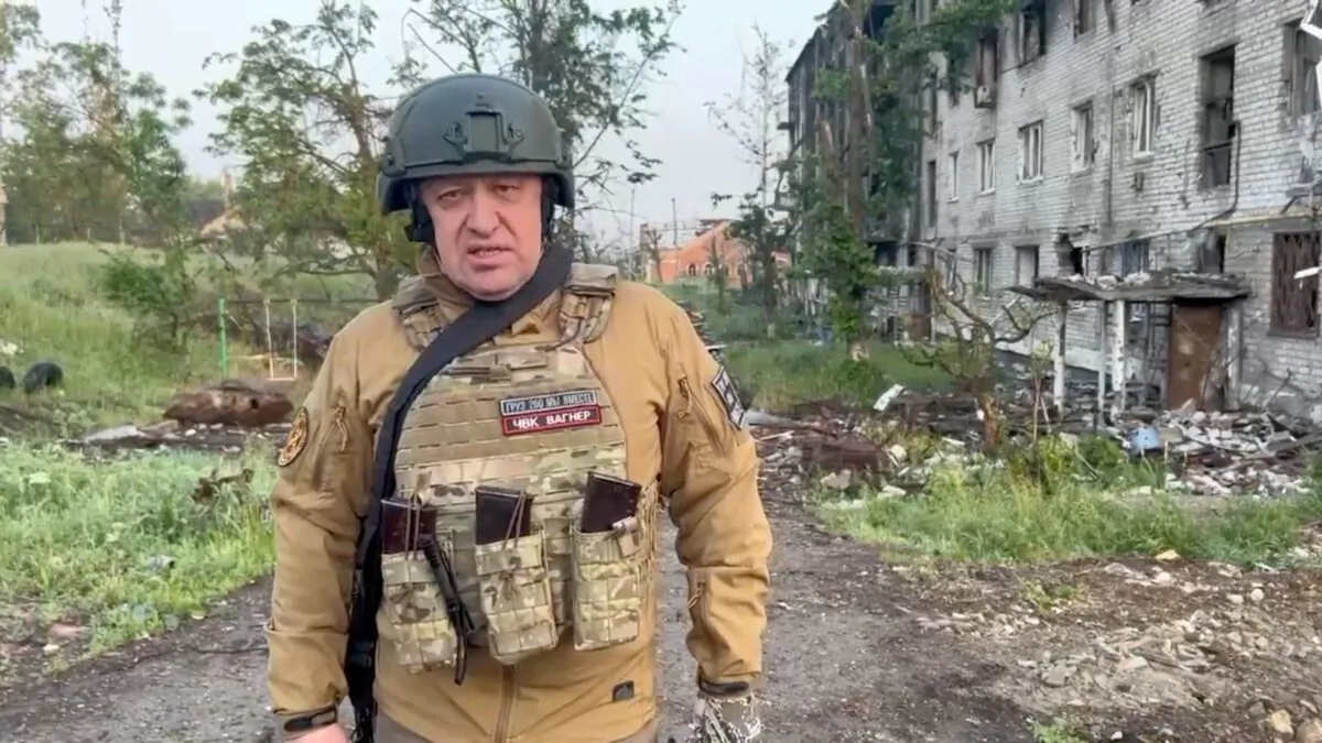 Founder of Wagner private mercenary group Yevgeny Prigozhin makes a statement on the start of withdrawal of his forces from Bakhmut and handing over their positions to regular Russian troops, on May 25, 2023. (Press service of "Concord"/Handout via Reuters)