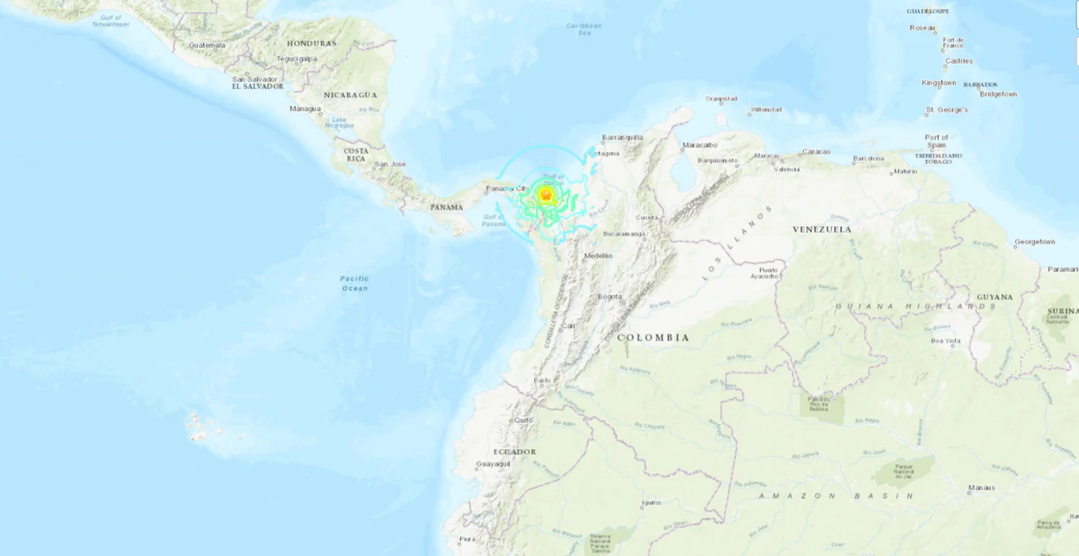 A map shows the location of a strong earthquake with a preliminary magnitude of 6.6 that struck in the Caribbean Sea just off the Panama-Colombia border on May 24, 2023. (USGS/Screenshot via The Epoch Times)