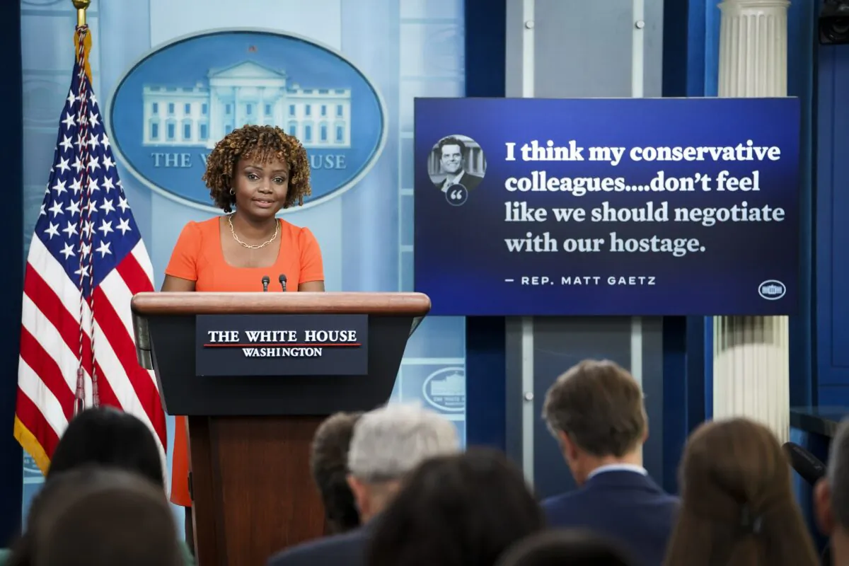 White House Press Secretary Karine Jean-Pierre speaks during the daily press briefing at the White House on May 24, 2023.(Madalina Vasiliu/The Epoch Times)