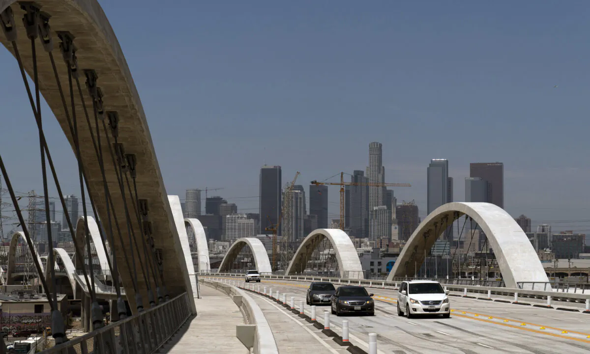 Cars move along the 6th Street Viaduct in Los Angeles on July 27, 2022. (Jae C. Hong/AP Photo)