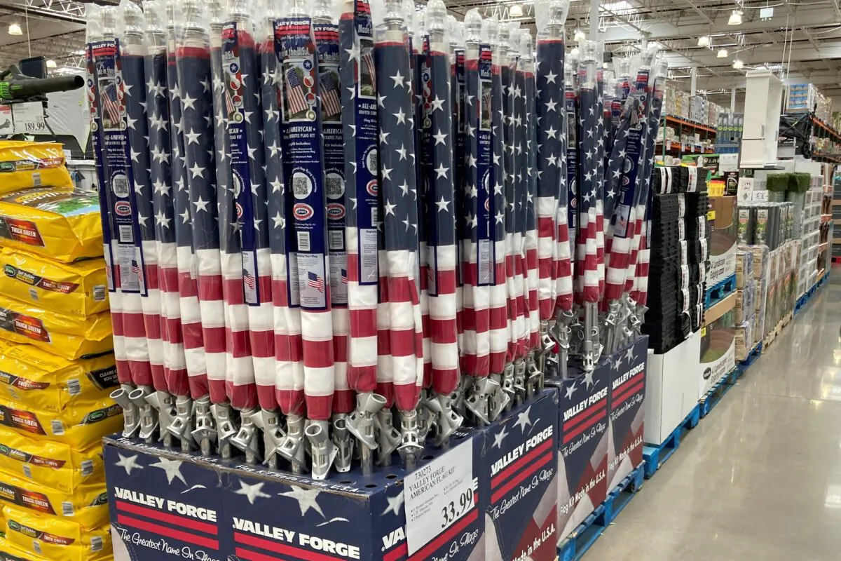 American flags for sale are displayed in a Costco warehouse in Sheridan, Colo., on April 26, 2023. (David Zalubowski/AP Photo)