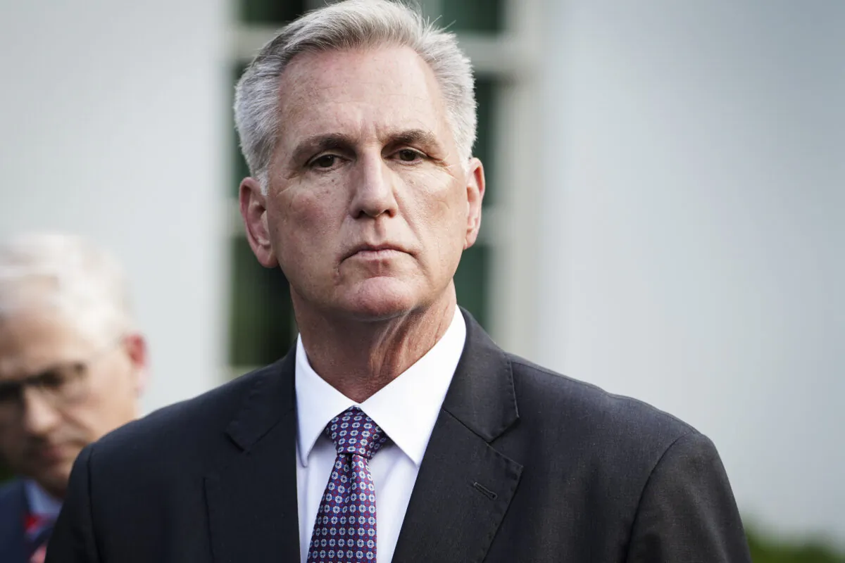 House Speaker Kevin McCarthy (R-Calif.) speaks to the press after meeting President Joe Biden to discuss the debt limit at the White House in Washington on May 22, 2023. (Madalina Vasiliu/The Epoch Times)