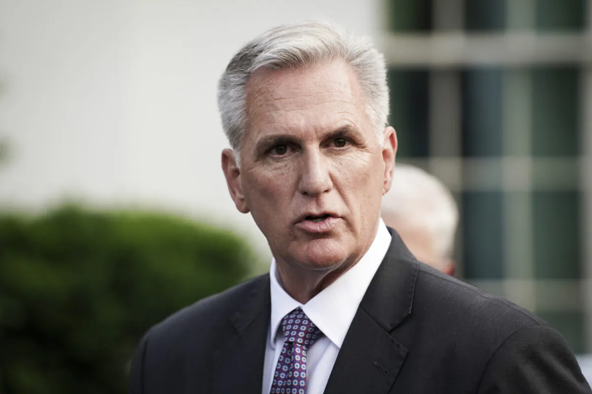 House Speaker Kevin McCarthy (R-Calif.) speaks to reporters after meeting with President Joe Biden to discuss the debt limit at the White House in Washington on May 22, 2023. (Madalina Vasiliu/The Epoch Times)