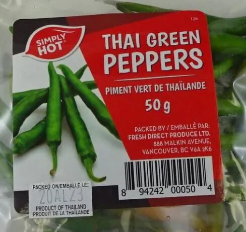The Canadian Food Inspection Agency has issued a recall for Simply Hot brand Thai Green Peppers after it found possible salmonella contamination. (Canadian Food Inspection Agency Handout)
