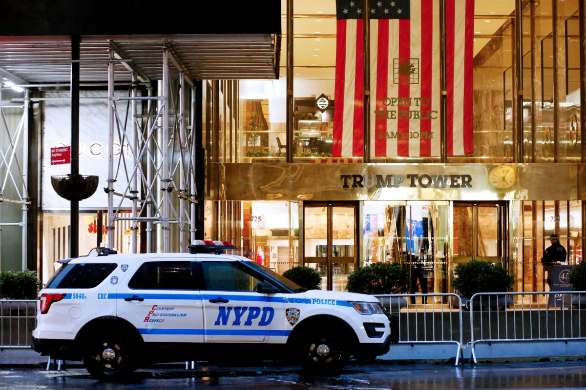 A NYPD police patrol car sits outside Trump Tower in New York on March 27, 2023. (Leonardo Munoz/AFP via Getty Images)