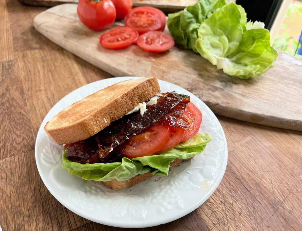 Strips of rice paper are soaked in a soy sauce-based marinade and then baked to "create" bacon for a BLT. (Gretchen McKay/Pittsburgh Post-Gazette/TNS)
