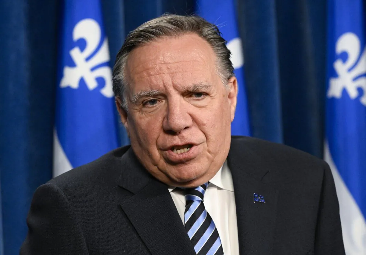 Quebec Premier François Legault responds to reporters' questions at a news conference, May 23, 2023, at the legislature in Quebec City. (The Canadian Press/Jacques Boissinot)
