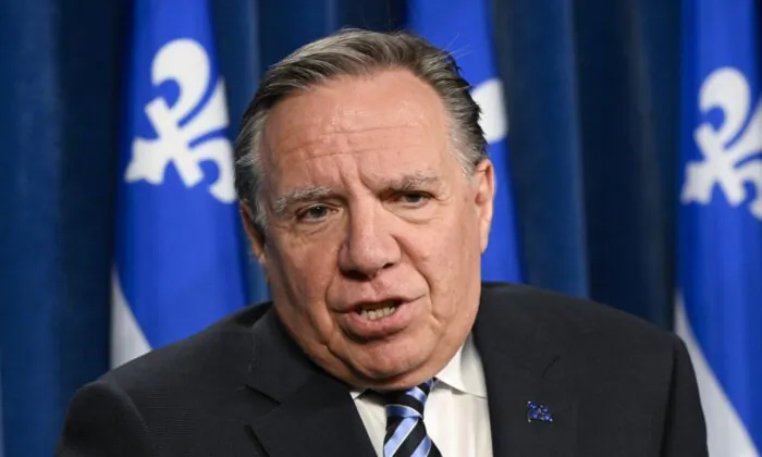 Quebec Premier François Legault responds to reporters' questions at a news conference, May 23, 2023, at the legislature in Quebec City. (The Canadian Press/Jacques Boissinot)
