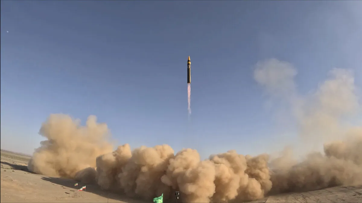 Khorramshahr-4 missile is launched at an undisclosed location in Iran in a picture released on May 25, 2023. (Iranian Defense Ministry via AP)
