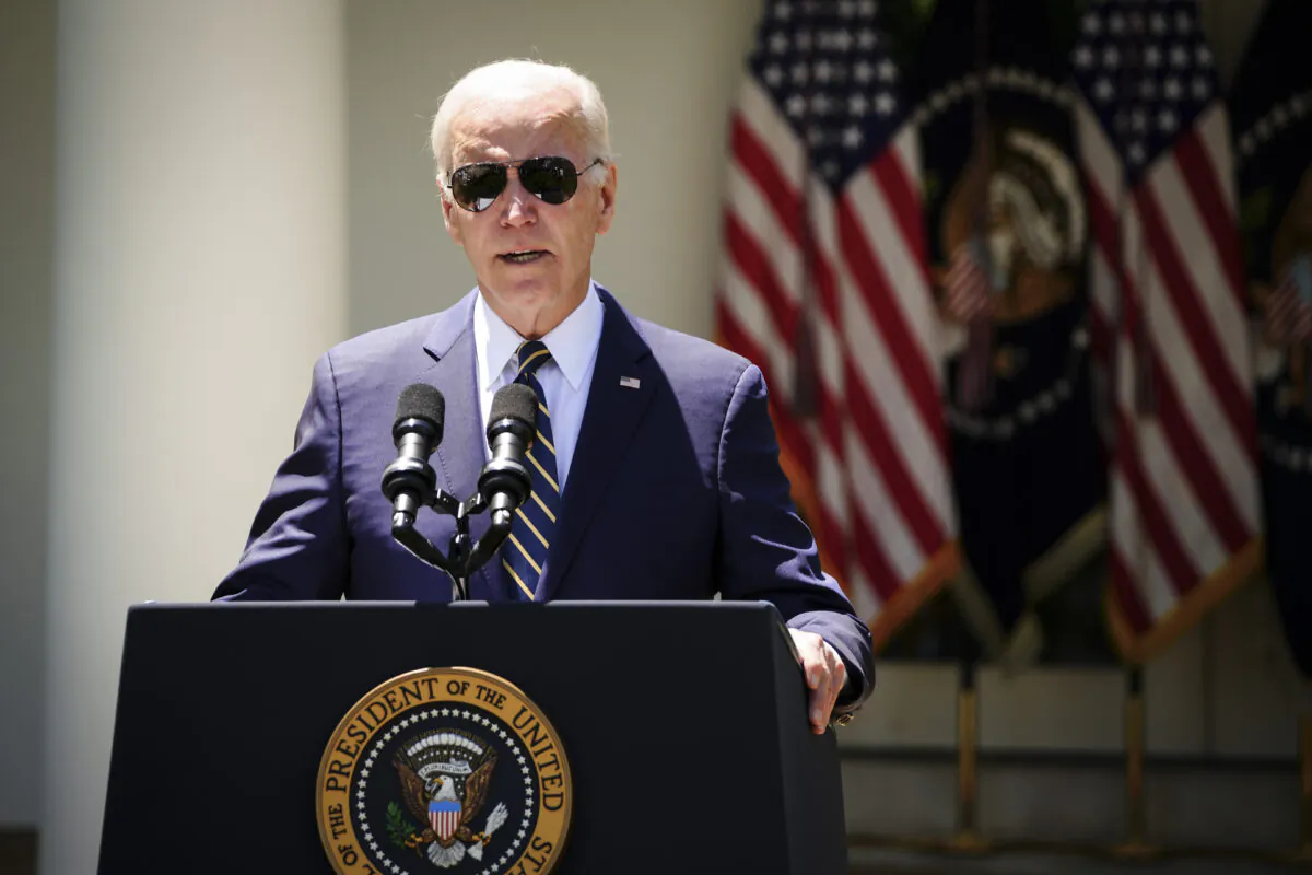 President Joe Biden speaks during a Rose Garden event announcing the nomination of Air Force Chief of Staff Gen. Charles Q. Brown as the next Joint Chiefs of Staff chairman at the White House in Washington on May 25, 2023. (Madalina Vasiliu/The Epoch Times)