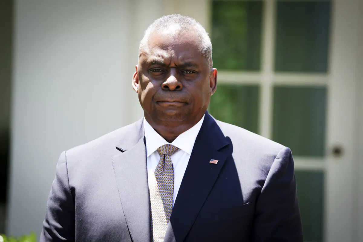Secretary of Defense Lloyd Austin attends a Rose Garden at the White House, on May 25, 2023. (Madalina Vasiliu/The Epoch Times)