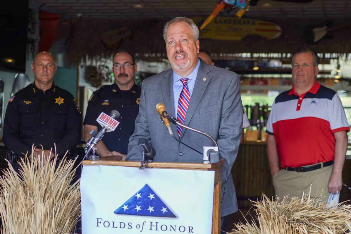 Orange County District Attorney David Hoovler speaks at a summer safety awareness press conference in Port Jervis, N.Y., on May 24, 2023. (Cara Ding/The Epoch Times)