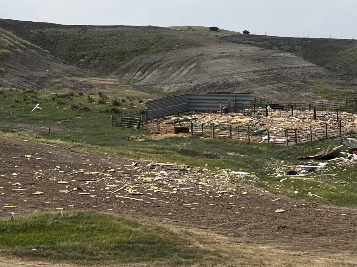 The aftermath after a house southwest of Fort Pierre, S.D., exploded on May 24, 2023. (Jeff Hartley/Capital Journal via AP)