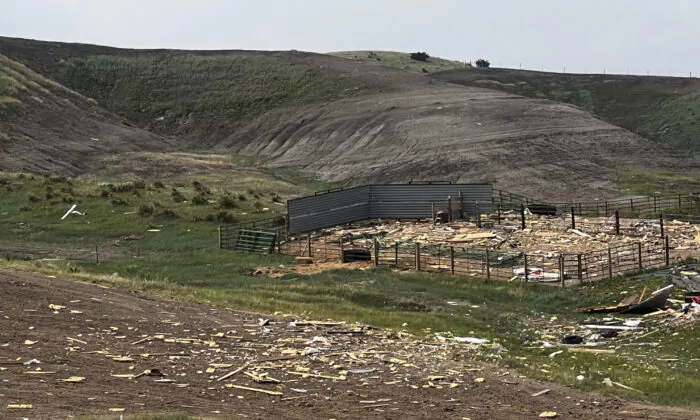 The aftermath after a house southwest of Fort Pierre, S.D., exploded on May 24, 2023. (Jeff Hartley/Capital Journal via AP)