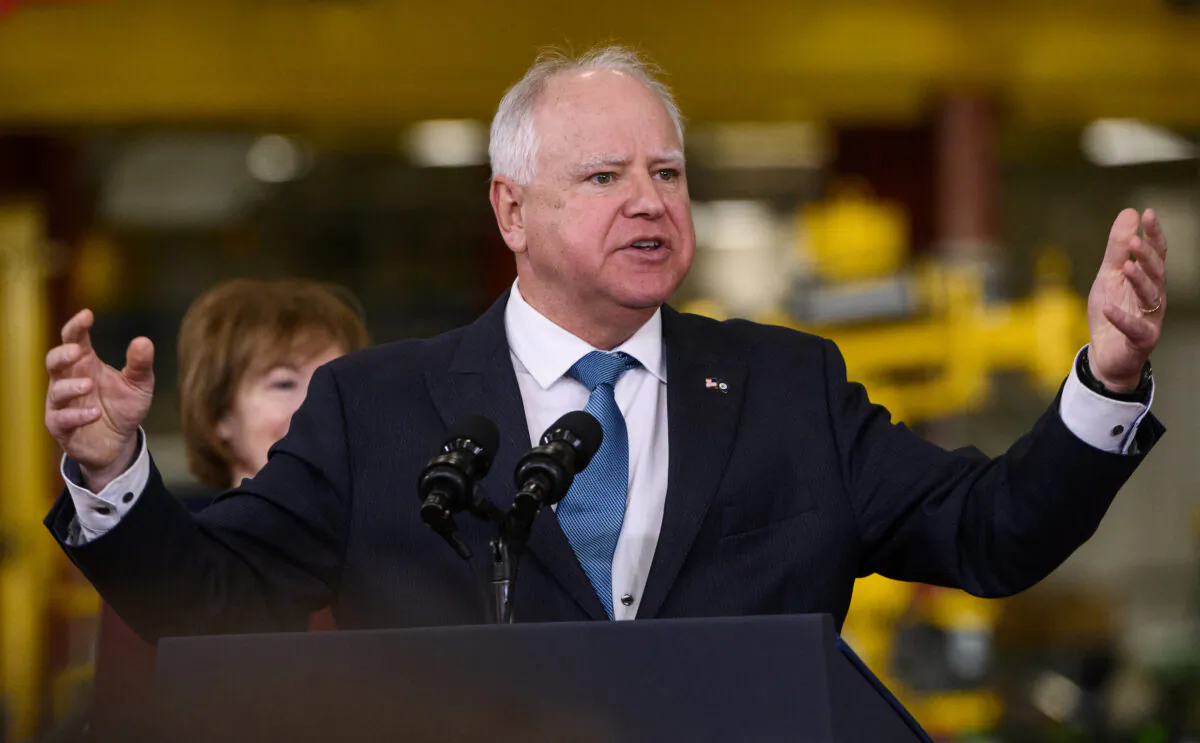 Minnesota Gov. Tim Walz speaks in Fridley, Minn., on April 3, 2023. (Stephen Maturen/Getty Images)