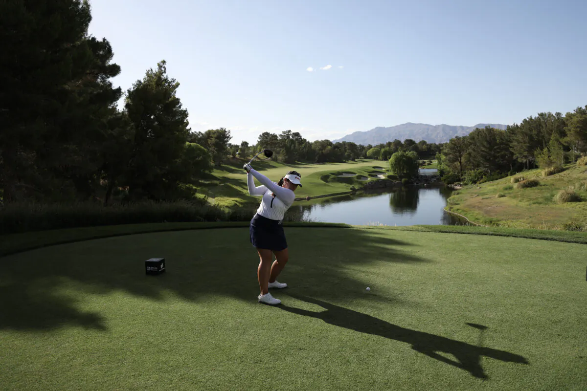 Lilia Vu of Fountain Valley, Calif., hits a tee shot on the ninth hole on day two of the Bank of Hope LPGA Match-Play presented by MGM Rewards at Shadow Creek Golf Course in Las Vegas, on May 25, 2023. (Harry How/Getty Images)