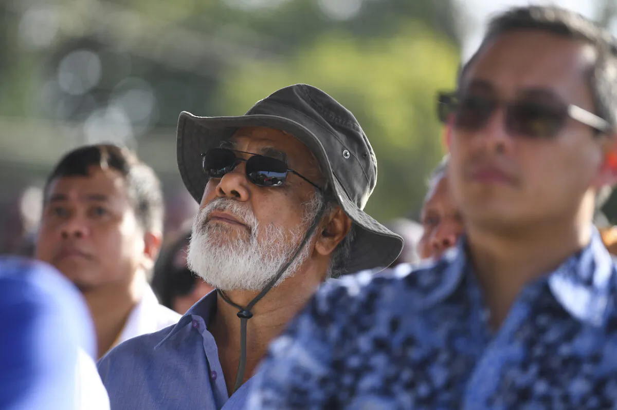 Former Prime Minister of East Timor Xanana Gusmao attends the inauguration of a bridge named after former Indonesian President Bacharuddin Jusuf Habibie in Dili, East Timor, on Aug. 29, 2019. (AAP Image/Lukas Coch)