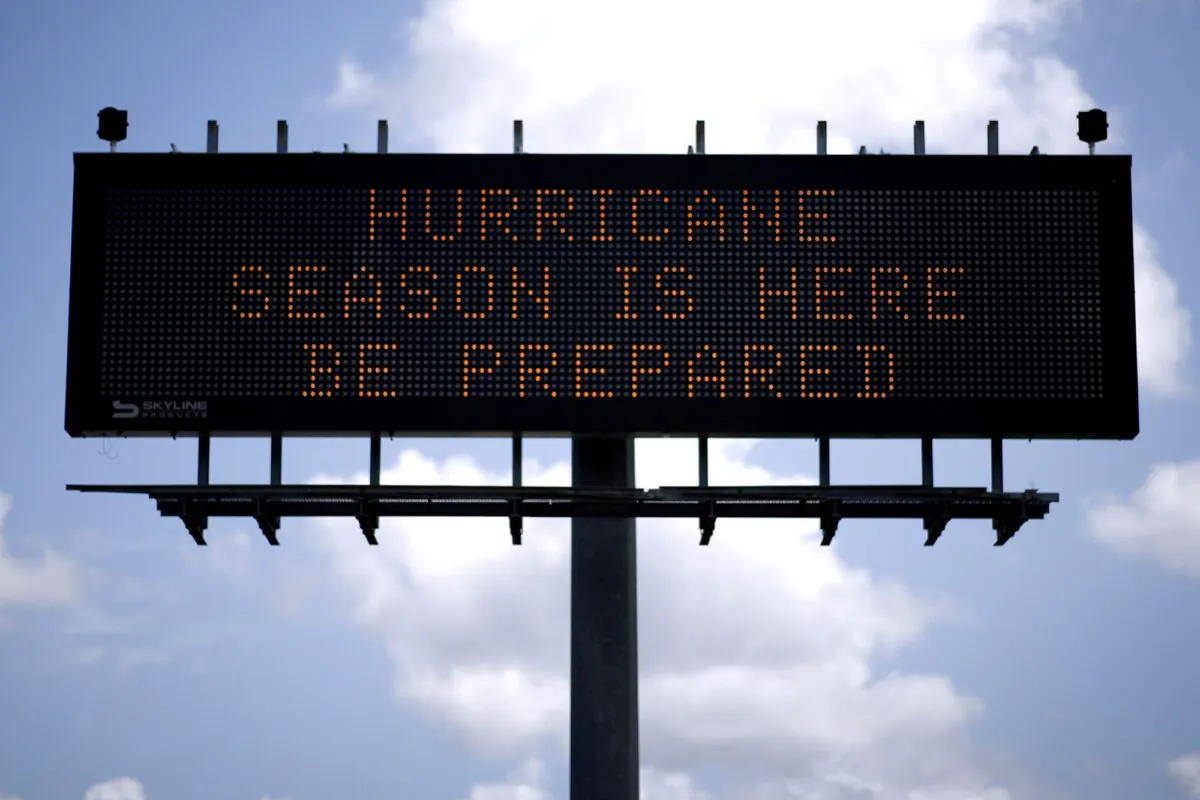 A traffic sign warns of hurricane season in Stowell, Texas on June 12, 2018. Picture taken June 12, 2018. (Jonathan Bachman/Reuters)