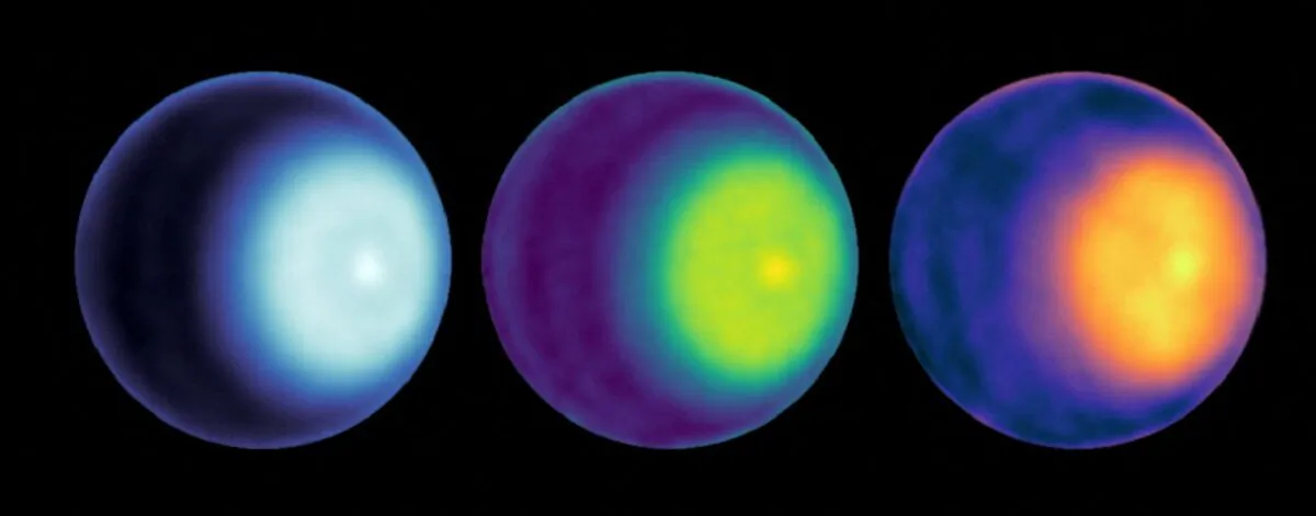 NASA scientists uses microwave observations to spot the first polar cyclone on Uranus, seen here as a light-colored dot to the right of center in each image of the planet, in a handout image released on May 25, 2023. (Courtesy of NASA/JPL-Caltech/VLA/Handout via Reuters)