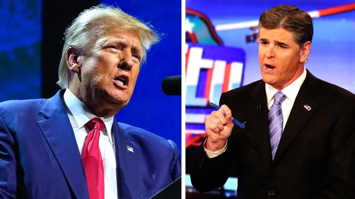 (Left) Former President Donald Trump speaks at the National Rifle Association Convention in Indianapolis on April 14, 2023. (Michael Conroy, File/AP Photo); (right) Fox News host Sean Hannity in a file photograph. (Paul Zimmerman/Getty Images)