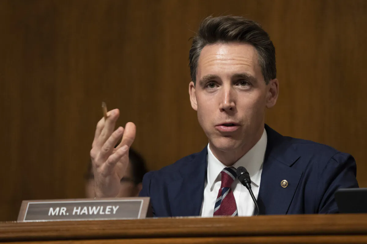 Sen. Josh Hawley (R-Mo.) questions witnesses as they testify before the Judiciary Subcommittee on Competition Policy, Antitrust, and Consumer Rights, in Washington on Sept. 21, 2021. (Ken Cedeno/Pool/Getty Images)
