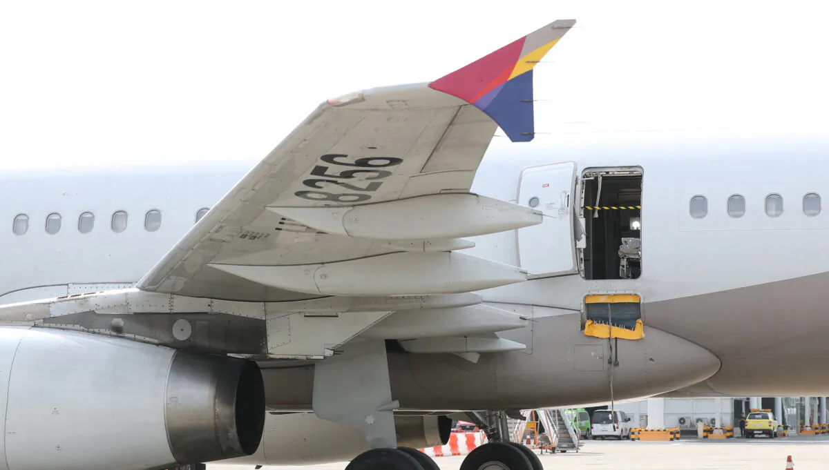 Asiana Airlines' Airbus A321 plane, of which a passenger opened a door on a flight shortly before the aircraft landed, is pictured at an airport in Daegu, South Korea, on May 26, 2023. (Yonhap via Reuters)