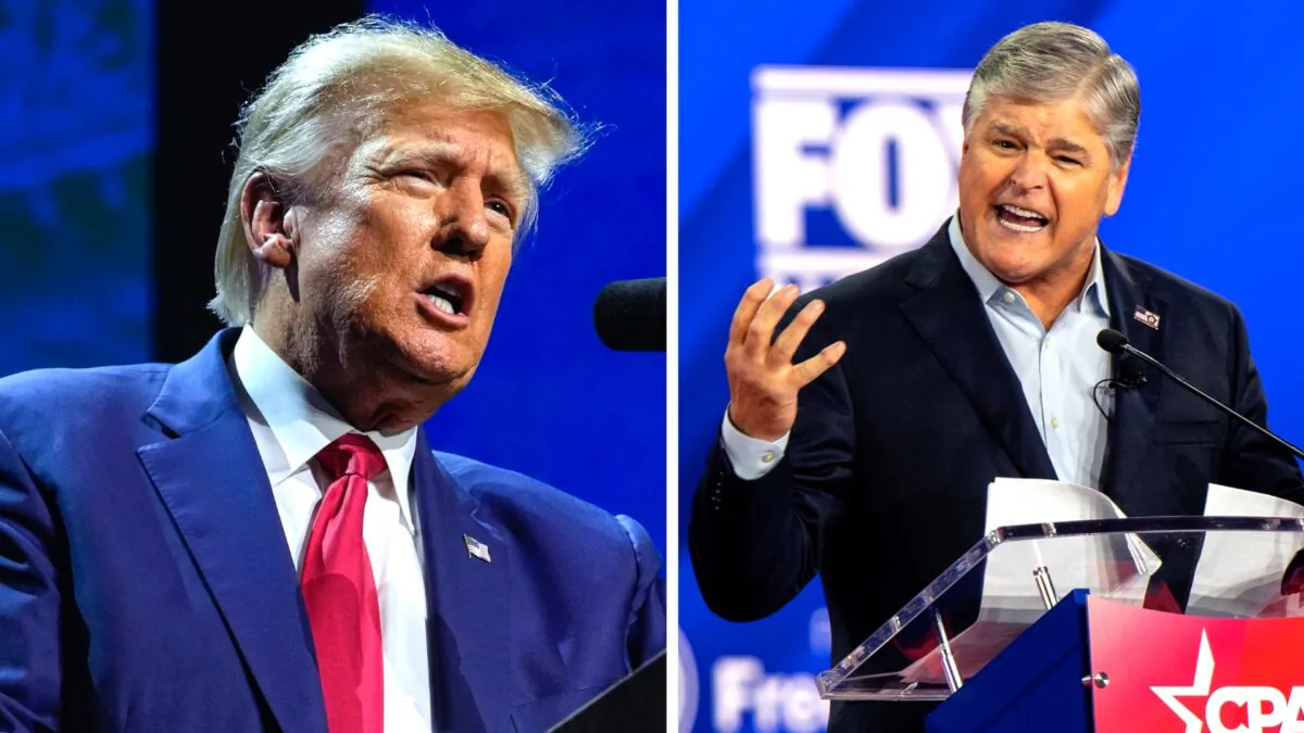(left) Former President Donald Trump speaks at the National Rifle Association Convention in Indianapolis on April 14, 2023. (Michael Conroy, File/AP Photo); (right) Fox News host Sean Hannity speaks at the Hilton Anatole in Dallas, Texas, on Aug. 4, 2022. (Brandon Bell/Getty Images)